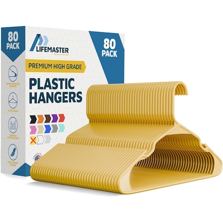 Lifemaster Heavy Duty Plastic Clothes Hangers, Non-Slip, Space-Saving, Holds 5 lbs, Yellow, 80PK LMPLCYLW80