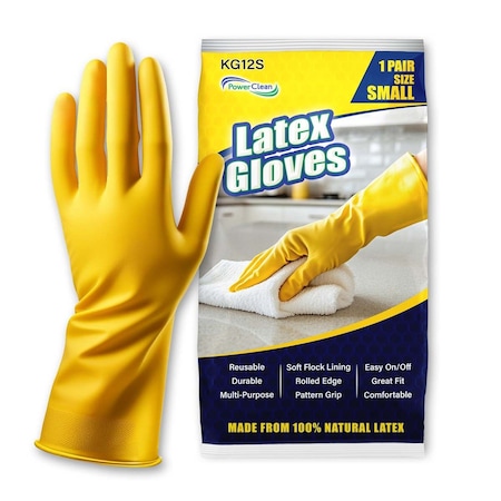 Power Clean DISPOSABLE LATEX GLOVES - 12in - 14 MIL - SMALL - YELLOW - 12PK KG12S-12