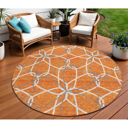 Homeroots 8' Orange And Ivory Round Geometric Washable Indoor Outdoor Area Rug 613027