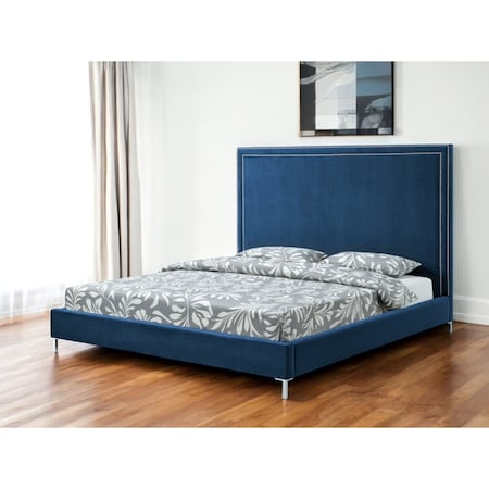 Homeroots Navy Blue Solid Wood King Upholstered Velvet Bed with Nailhead Trim 544791