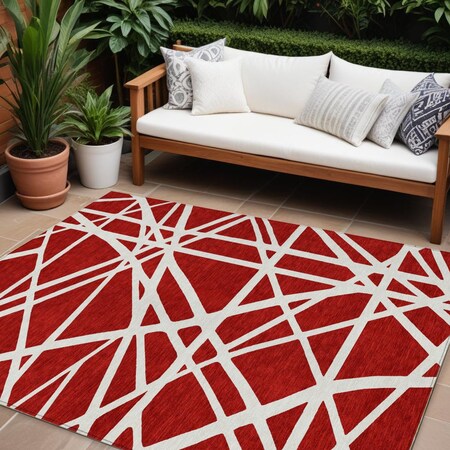 Homeroots 9' X 12' Red And Ivory Geometric Washable Indoor Outdoor Area Rug 600490