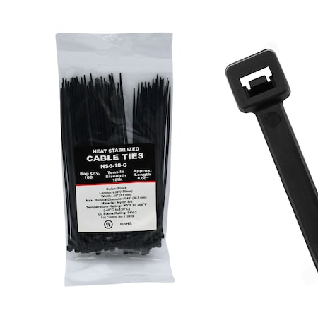 Cable Ties Unlimited Heat Stabilized Cable Tie, 6 in L, 18 lb Strength, 1.4 in Max Bundle Dia, Nylon, UV-Res, Blk, 100PK HS6-18-C