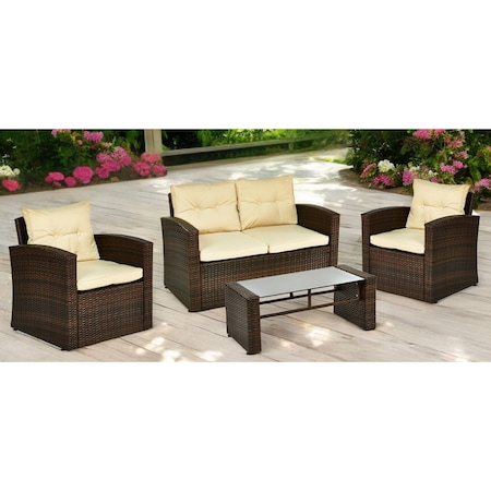 Homeroots Four Piece Outdoor Brown Wicker Sofa Seating Group with Beige Cushions 558548