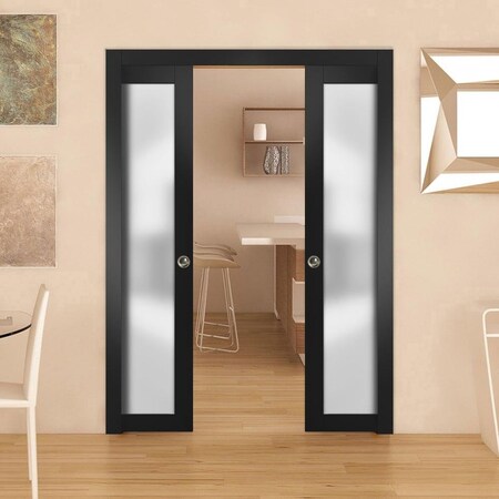 Sartodoors Sliding Double Pocket Door Frosted Tempered Glass Planum 2102 Black 84x80 (2* 42x80) Solid Core PLANUM2102DP-BLK-84