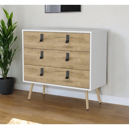 Homeroots 32" White and Natural Three Drawer Dresser 552269