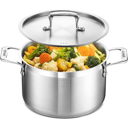 Bakken-Swiss 5QT Stockpot, Brushed Stainless Steel, Induction-Ready, Lid and Riveted Handles, Heavy Duty BAKSTQ5