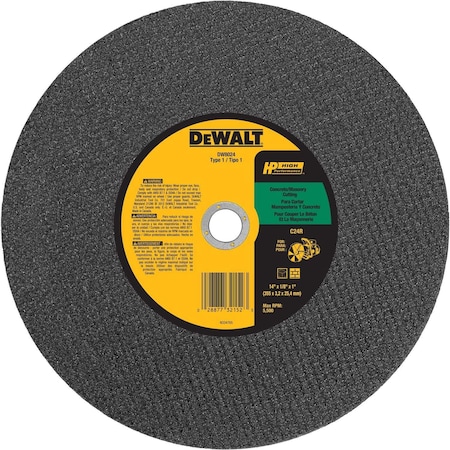 Dewalt Abrasive Cut-Off Wheel, Type 1, 14 in Dia, 1/8 in Thick, 1 in Arbor Hole Size, Silicon Carbide DW8024