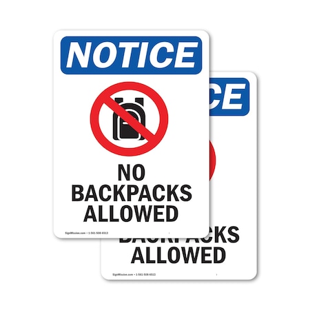 Signmission No Backpacks Allowed Sign With Symbol, 5 in W x Rectangle, Vinyl Decal OS-2PACK-NS-D-57-V-14388