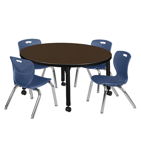 Regency Round Kee Mobile Adjustable Classroom Table W/ 4 Andy Chairs, 42 in W, 42 in L, Noble Oak TB42RNDNOAPCBK45NV