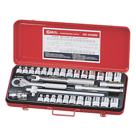 Genius Tools 32PC 3/8in Dr. Metric & SAE Hand Socket Set GS-332MS