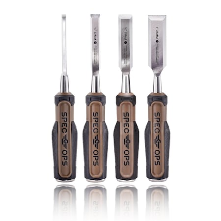 Spec Ops Wood Chisel Set with High-Carbon Steel Blades, Shock-Absorbing Grip, 4-Piece SPEC-C1-4PK