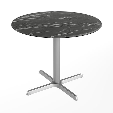Flash Furniture Commercial All-Weather 36" Round Black Faux Marble HPL Tabletop-Silver X Base ST-RD36-BKMAR-T3030S-GG