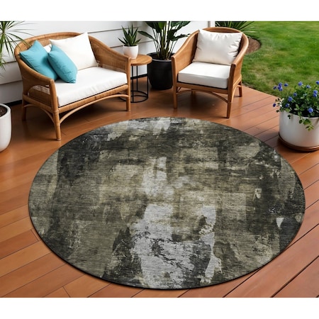 Homeroots 8' Charcoal And Black Round Abstract Washable Indoor Outdoor Area Rug 603163