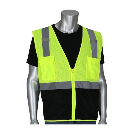 Pip ANSI Type R Class 2 Five Pocket Value Mesh Vest with Black Bottom Front 302-0710B-LY/L