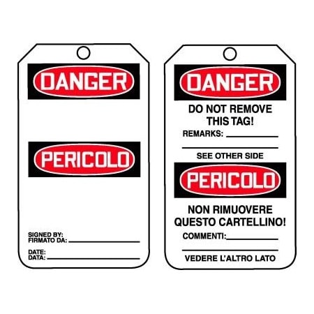 Accuform Safety Tags, DANGER BLANK BILINGUAL ITALIAN, 5.75in x 3.25in, RP-Plastic, 25PK TMT155PTP