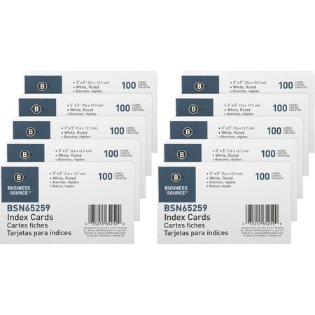 Business Source Index Cards, White, 5" x 3", PK10 BSN65259BX