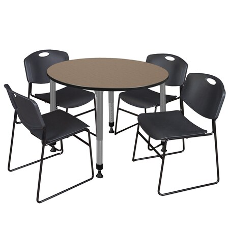 Regency Round Kee Adjustable Classroom Table W/ 4 Zeng Stack Chairs, 48 in W, 48 in L, Noble Oak TB48RNDNOAPGY44BK