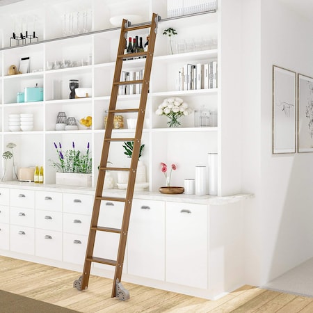Quiet Glide 8.92 ft. Walnut Sunburst Wheel Satin Nickel Rolling Hook Removable Ladder, 12 ft. Rail QG.510-9WA-12-H.02