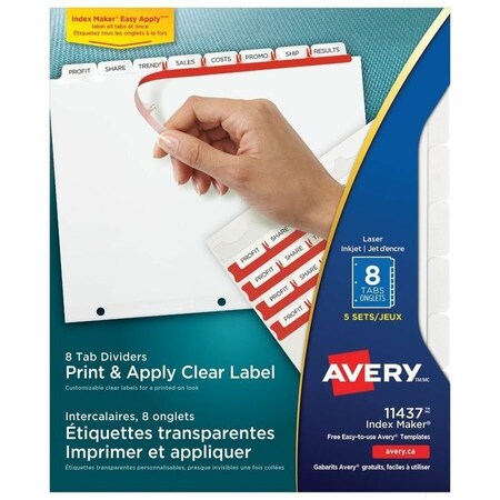 Avery Dennison Avery Index Maker Clear Label Divider, 8 Tabs, 5 Sets, White/White 11437