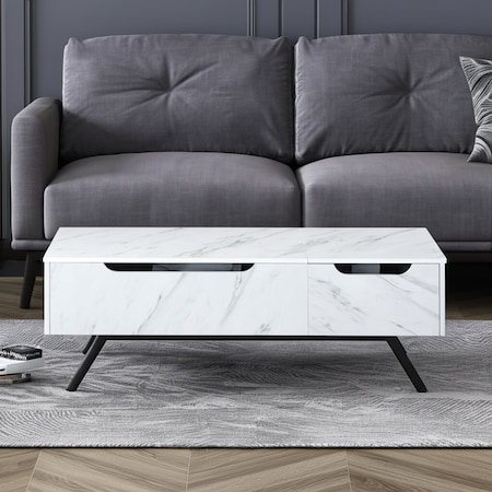 Homeroots 48" White and Black Wood and Steel Lift Top Coffee Table With Drawer 572285