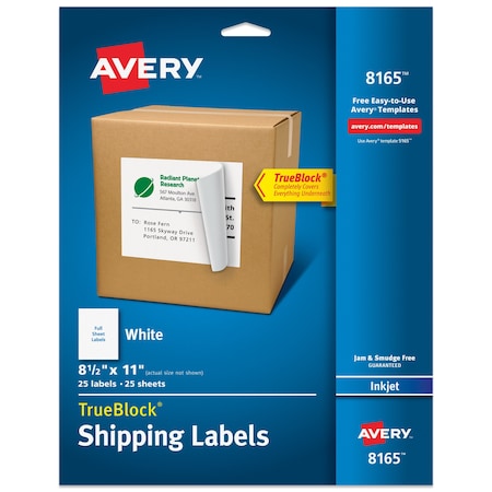 Avery Inkjet Label, 11 in Label W, 8 1/2 in Label H, 1 Labels per Sheet White 727828165