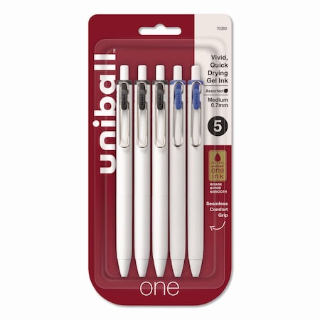 Uniball uniONE Gel Pen, Retractable, Medium 0.7 mm, Business Ink-Color Assortment, White Barrel, 5PK 70380
