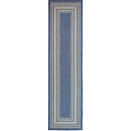 Homeroots 8' Denim Blue And Ivory Geometric Indoor Outdoor Runner Rug 572726