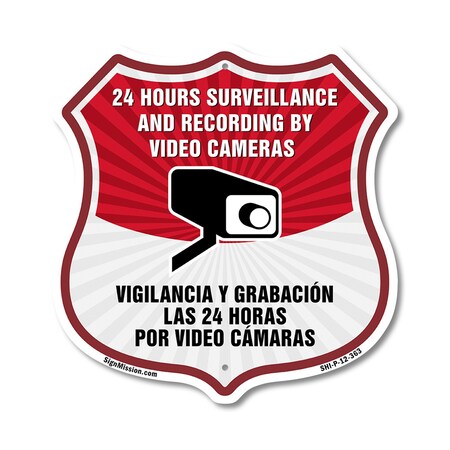 Signmission Bilingual 24 Hour Surveillance Shield Si, 12 Inch X 12 Inch, Plastic Sign SHI-P-12-363