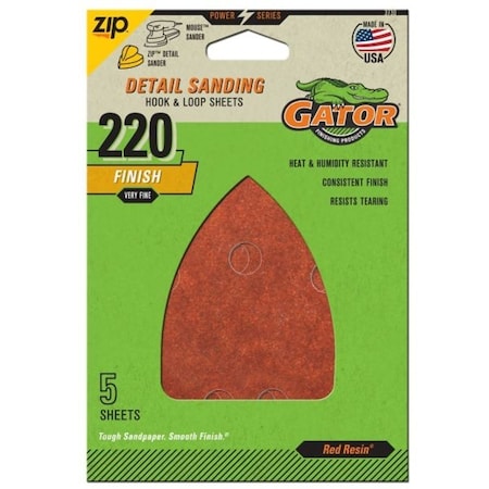 Gator Sanding Sheet, 3-1/2 in W, 5 in L, 220 Grit, Extra Fine, Aluminum Oxide Abrasive, Paper Backing 3730