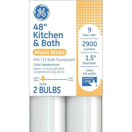 Ge Tube Light Bulb, 40 W, T12 Linear Lamp, G13 Bi-Pin Lamp Base, 2900 Lumens, 3000 K Color Temp, PK2 93131325