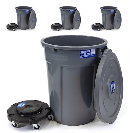 Magnum Tool Gray 55 Gallon Trash Can Set (Trash Can, Quiet Dolly, and Reinforced Lid) (4 Set) CMTC-CLD0-55G04