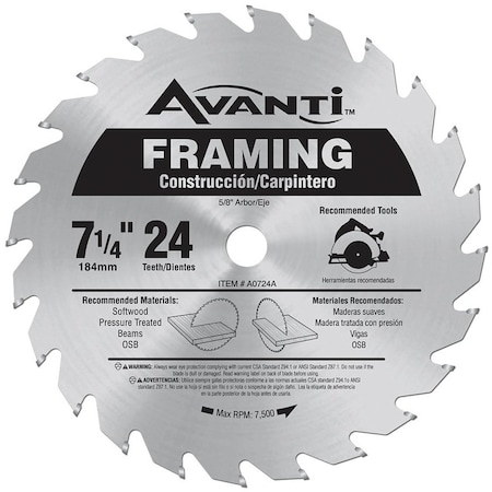 Diablo Avanti Circular Saw Blade, 7-1/4 in Dia, 5/8 in Arbor, 24-Teeth, Carbide Cutting Edge A0724A