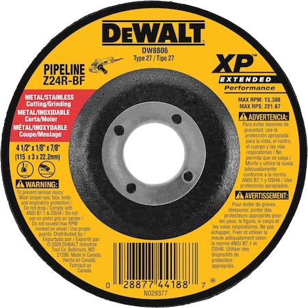 Dewalt Cut-Off & Grinding Wheel, Type 27, 4 1/2 in Dia, 0.125 in Thick, 7/8 in Arbor Hole Size, 24 Grit DW8806