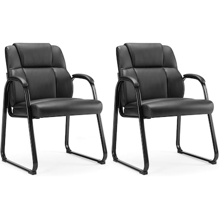 Simple Deluxe Office Chair No Wheels, Waiting Room Chairs, Leather Guest Chair with Padded Arms, Black, 2PK 3A88OPCHAIR61302PBLK