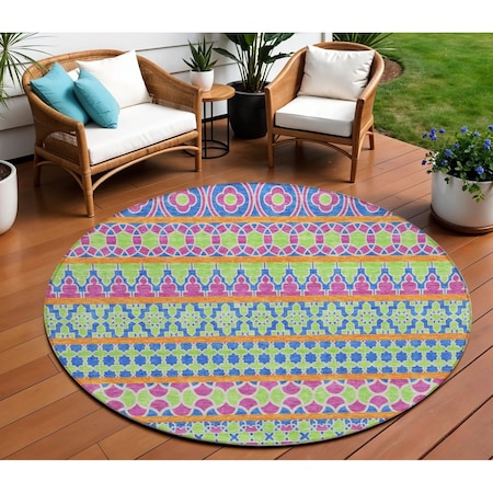 Homeroots 8' Blush Blue And Lime Green Round Quatrefoil Washable Indoor Outdoor Area Rug 583206