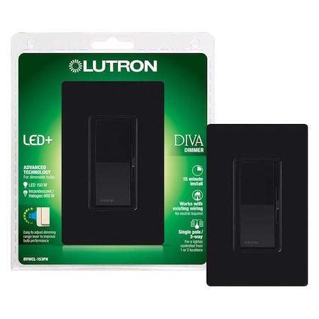 Lutron Diva Black 150 W Rocker Dimmer Switch DVWCL-153PH-BL