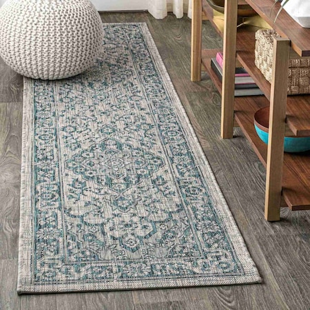 Jonathan Y Rozetta Boho Medallion Textured Weave Gray/Teal 2 ft. x 8 ft. Indoor/Outdoor Runner Rug SMB102C-28