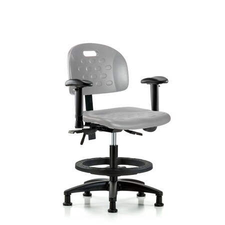 Blue Ridge Ergonomics Poly Chair-Medium Bench Height with Seat Tilt, Adj Arms, Black Foot Ring, & Stat Glides in Gray Poly HPMBCH-RG-T1-A1-BF-RG-GRY