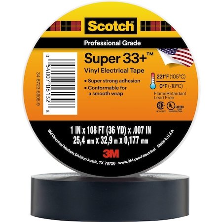 3M Electrical Tape, Black, 36 yd L, 1 in W 08949