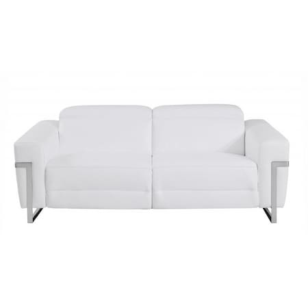 Homeroots 83" White Italian Leather USB Reclining Sofa With Chrome Legs 482207