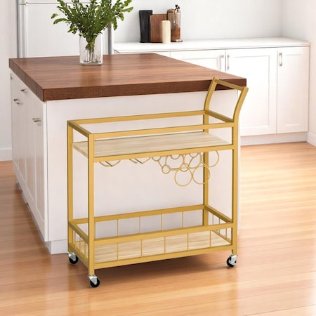 Homeroots 27" Gold Metal and Wood Rolling Bar Cart With Wine Storage 554938