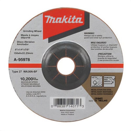 Makita Flat Heavy Duty Non-Hubbed Depressed Center Grinding Wheel, 6 in dia x 1/4 in Thick A-95978-25