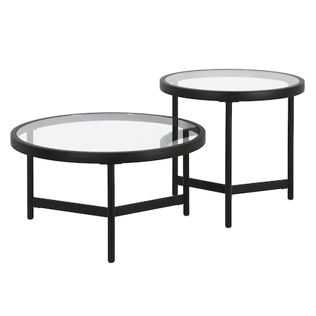 Homeroots Set of Two 30" Black Glass And Steel Round Nested Coffee Tables 520927