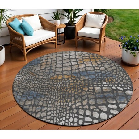Homeroots 8' Charcoal Brown And Copper Round Abstract Washable Indoor Outdoor Area Rug 596784