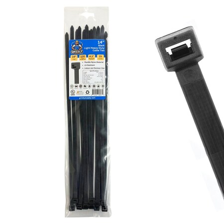 Grizzly Supply Cable Tie, 14 in L, 120 lb Strength, 4.0 in Max Bundle Dia, Nylon 6/6, UV Resistant, Black, 15PK GS-LHD14-120-0N