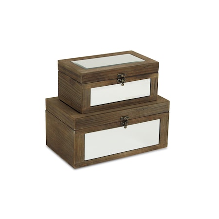 Homeroots Set of Two Natural And White Wood And Mirrored Glass Box With Lid, 2PK 489337
