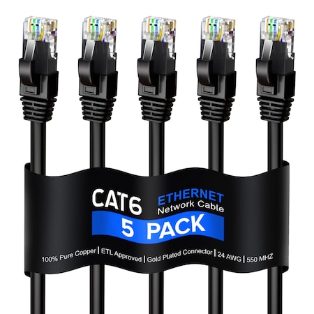 Maximm 3ft Cat6 Round LAN Patch Cable, 5PK, Black, 5PK CAT63FT5PKBlack