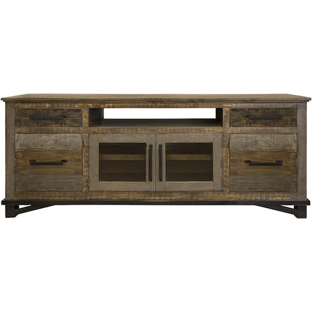 Homeroots 76" Brown Solid Wood Cabinet Enclosed Storage Distressed TV Stand 528722