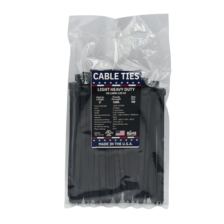 Cable Ties Unlimited Cable Tie, 8 in L, 120 lb Strength, 2 in Max Bundle Dia, Nylon 6/6, Black 100PK US-LHD8-120-0C