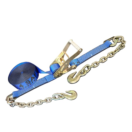 Tie 4 Safe 2'' x 50' Ratchet Tie Downs w/ Chain Extension WLL: 3,333 lbs. Blue RT04C-550-F87-BU-C